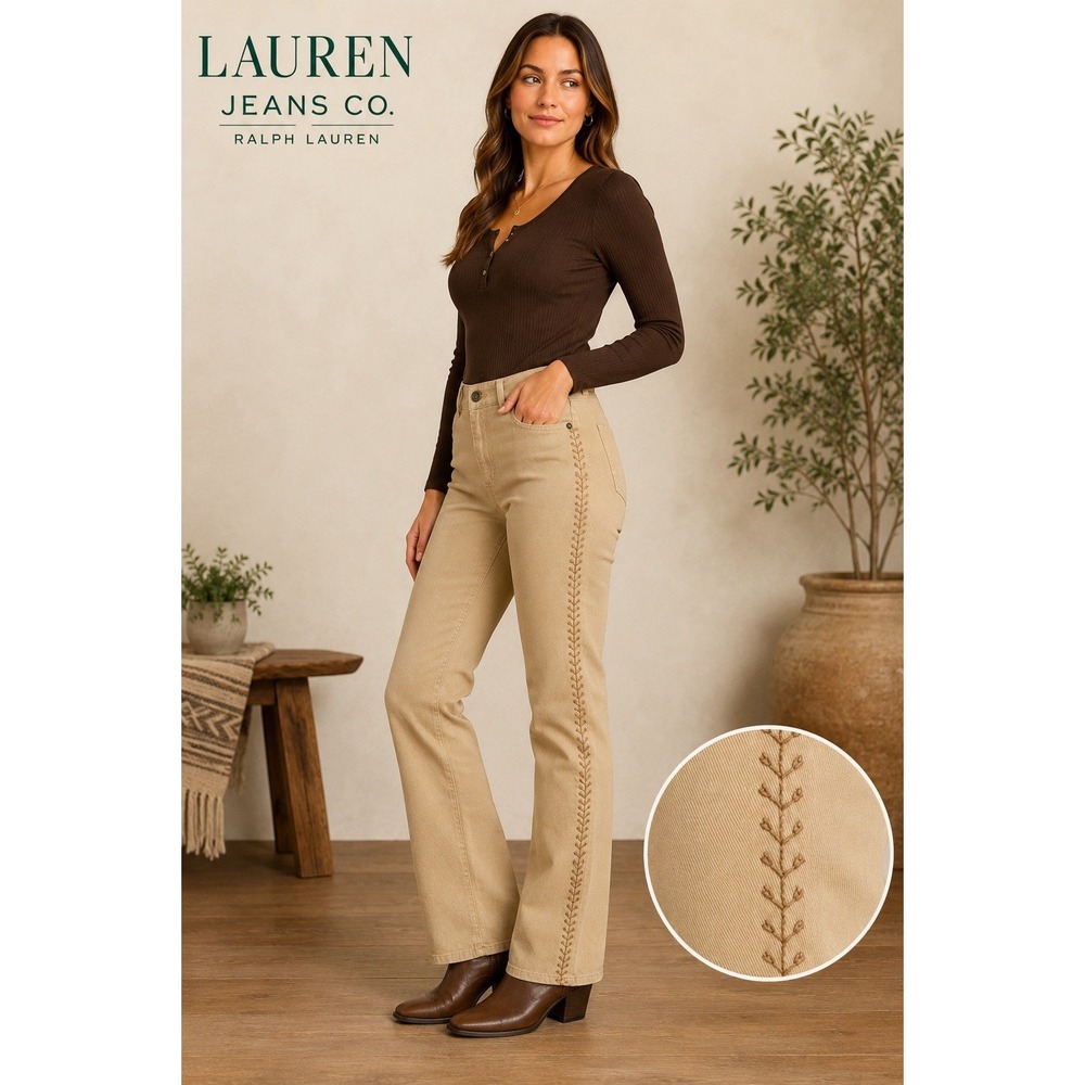 Lauren‎ Jeans Co RL Tan Straight Leg Mid Rise Pants Embroidered Side Women's 8P